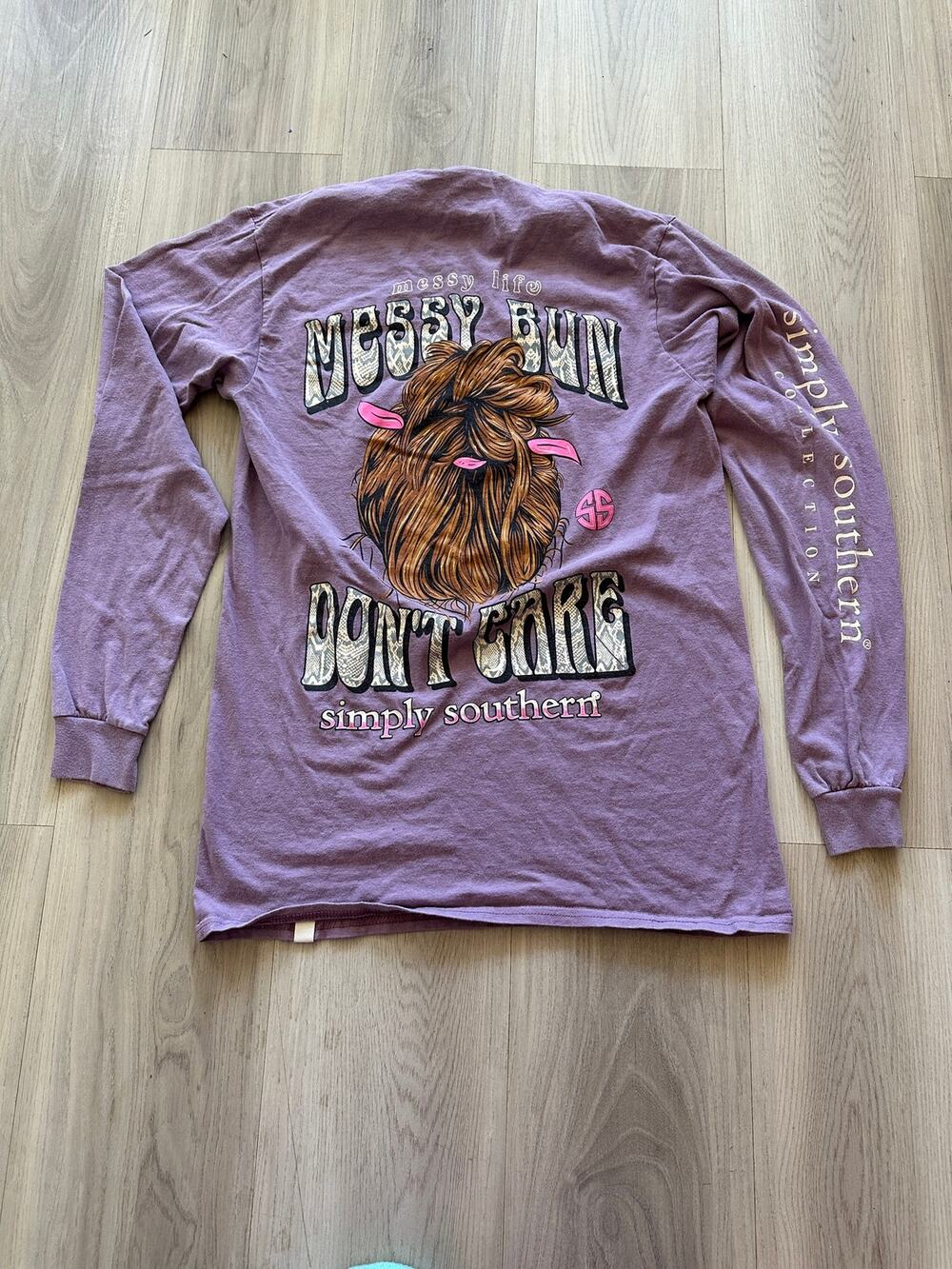 Simply Southern Shirt Small S Purple Long Sleeve Messy Bun Don't Care Graphic